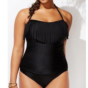 New Swimsuits For All black Fringe Trim Bandeau One Piece Swimsuit size 8